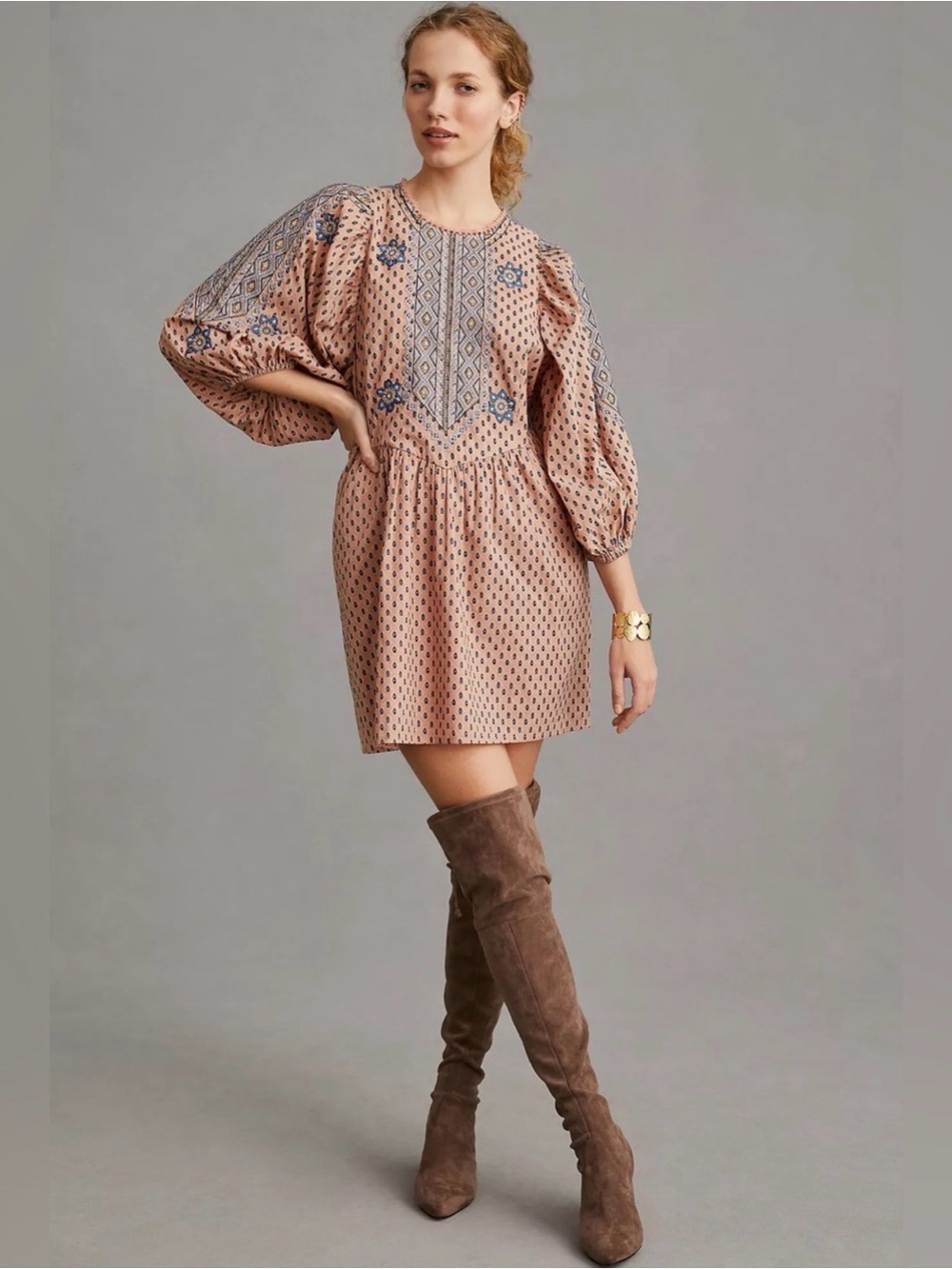 Anthropologie Blush Mini Dress with Blue Embroidery
